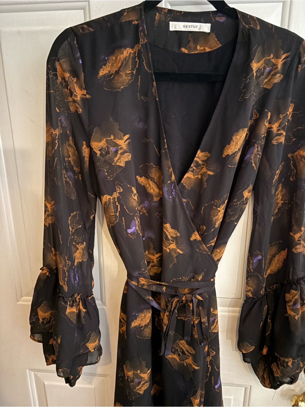 Gestuz Black Wrap Dress with Gold Floral Print